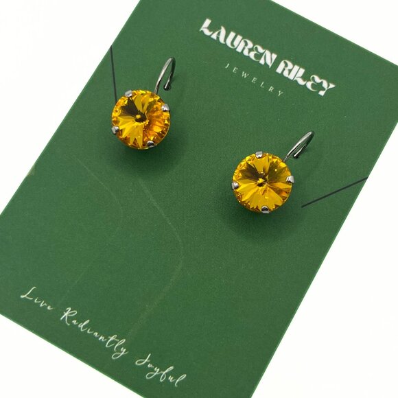 Handcrafted Yellow Swarovski Crystal Drop Earrings Silver Plated - Nickel-Free - Picture 3 of 3